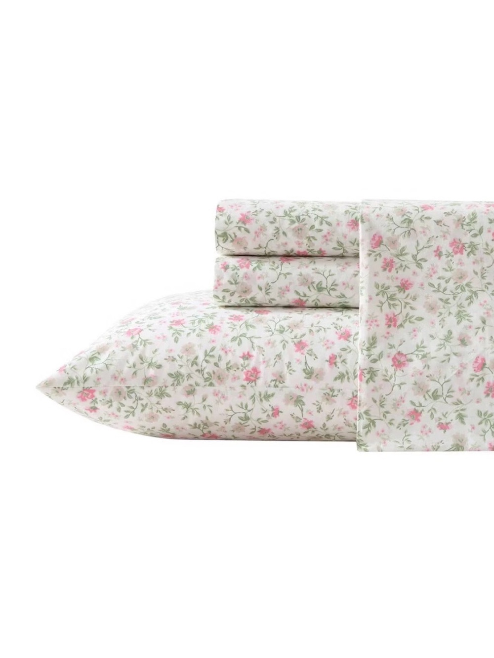 Laura Ashley Delicate Rose Print Set - White, Pink & Green ~ TWIN Bonnie PINK